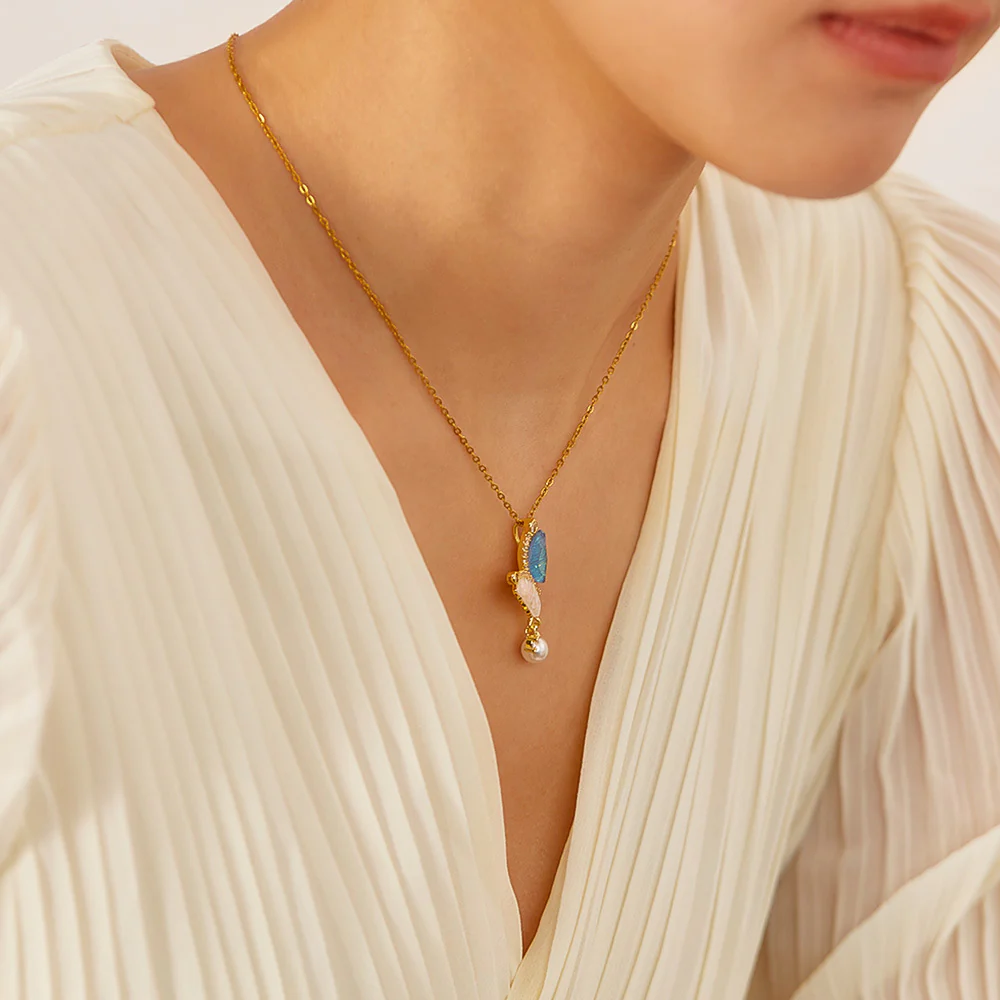 Dazzling Blue Butterfly Pearl Drop Pendant Necklace