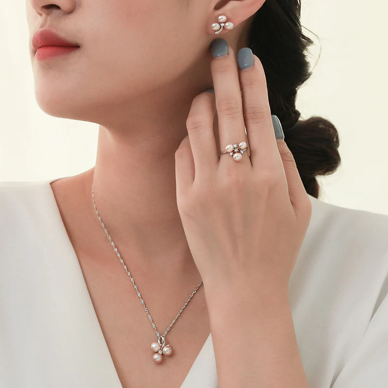 Delicate Freshwater Pearl Necklace Earrings Ring Set