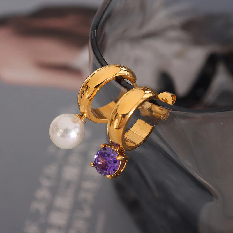 AB Asymmetrical Green Purple Zircon Pearl Earring