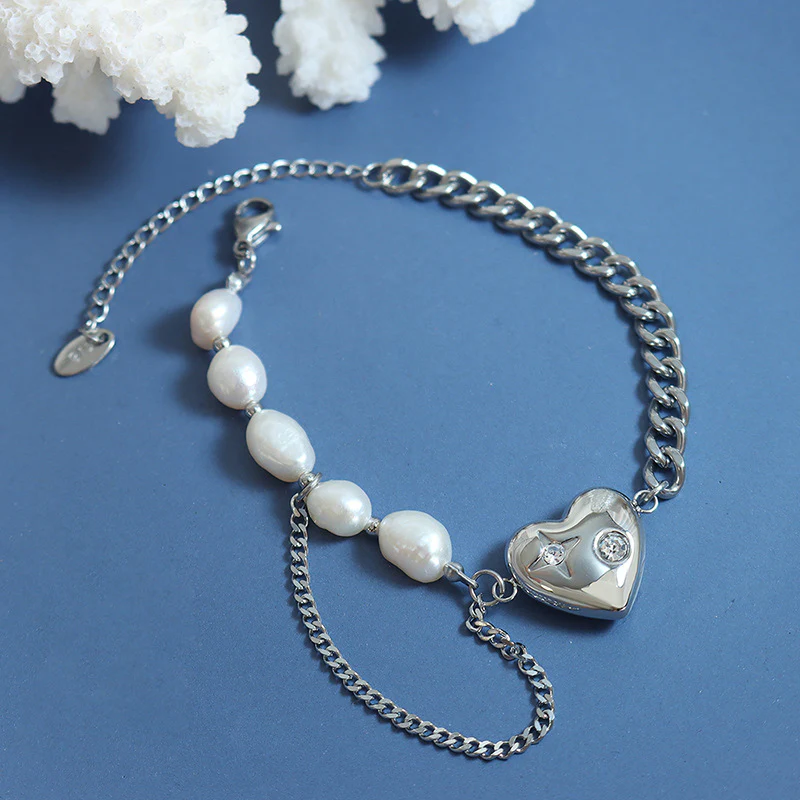 Half Pearl Half Chain Necklace Bracelet Set