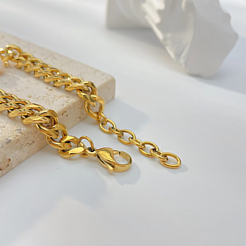 Chunky Cuban Chain Freshwater Pearl Charms Bracelet
