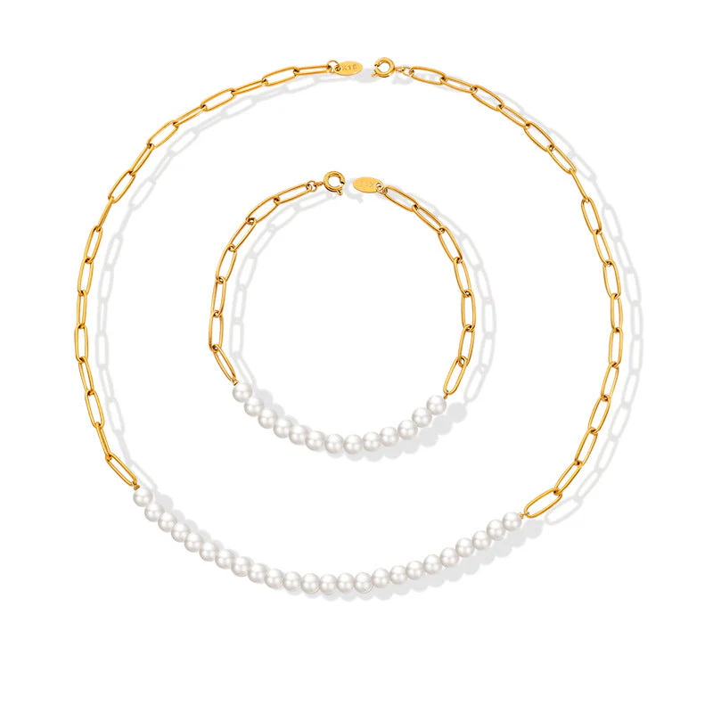 Influencer Paperclip And Pearl Necklace Bracelet Set