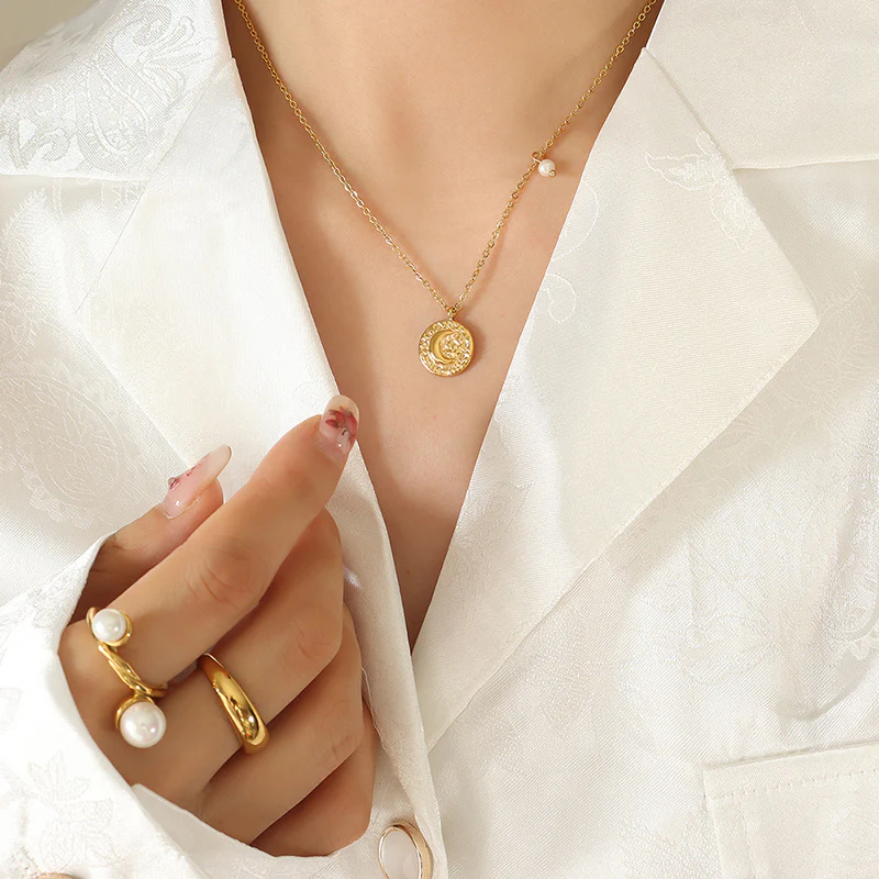 Coin Moon Pendant With Pearl Charm Necklace