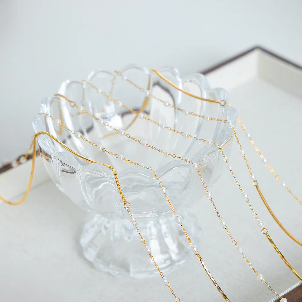 Adjustable Layered Stacked Snake Chain Stitching Floating Pearl Necklace