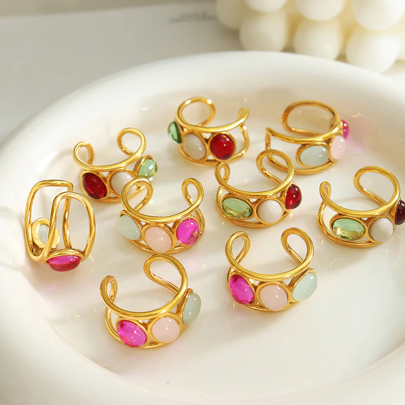 Colorful Pink Green Red Beads Gold Enhancer Ring