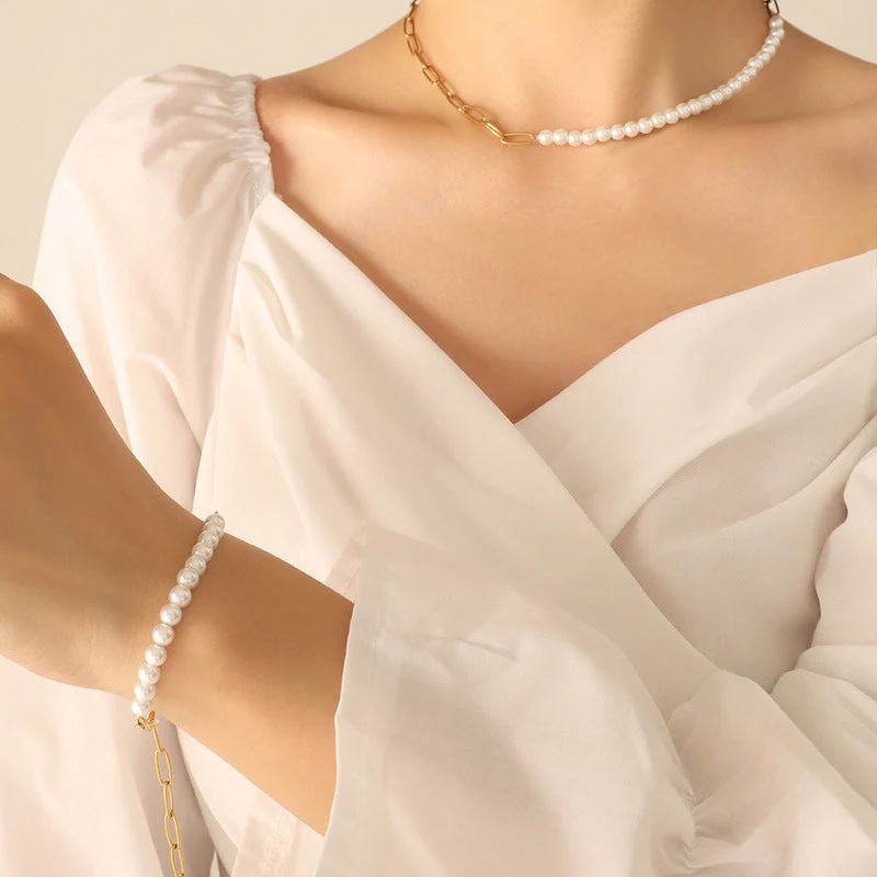 Influencer Paperclip And Pearl Necklace Bracelet Set