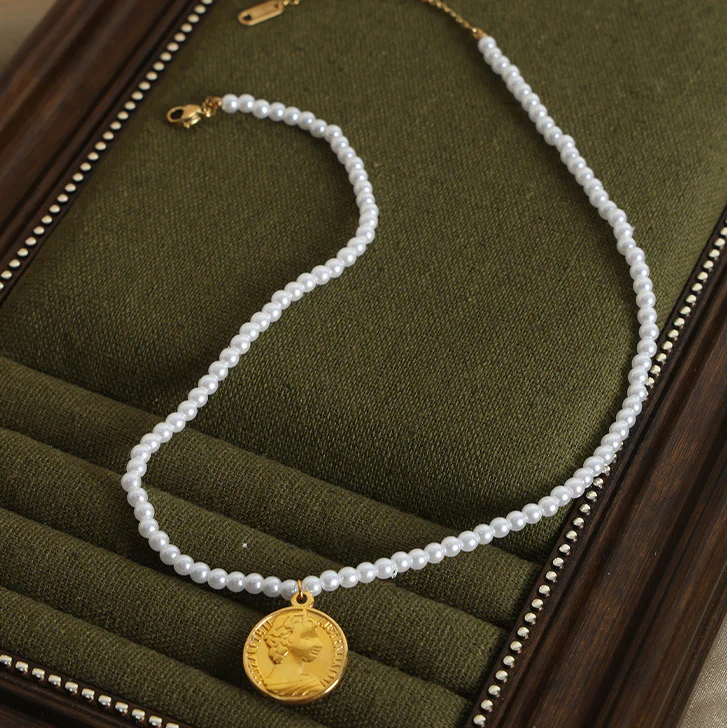 Pearl Necklace With Gold Round Portrait Pendant