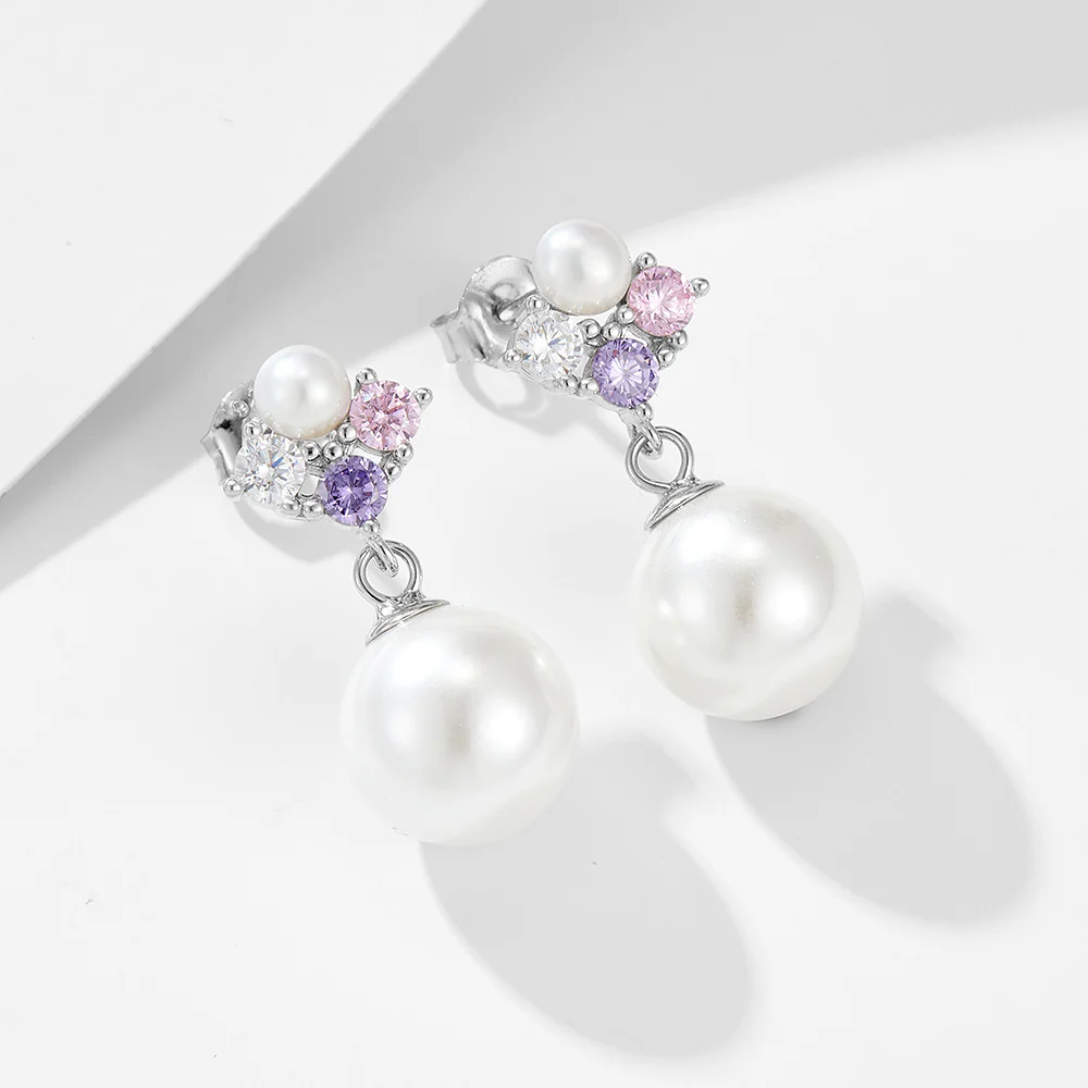 Colorful Pink Purple Zircon 10mm Pearl Earrings