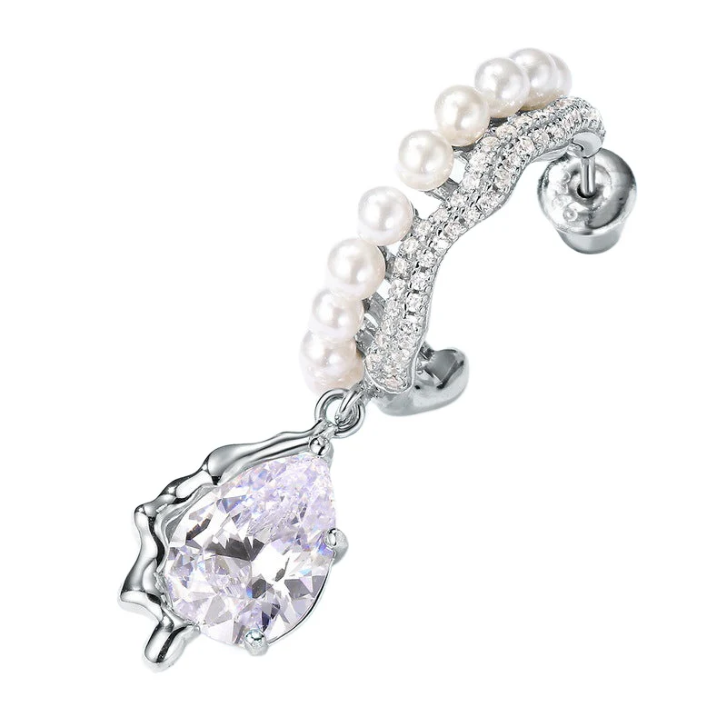 Silver Pearl Earrings With Diamonds