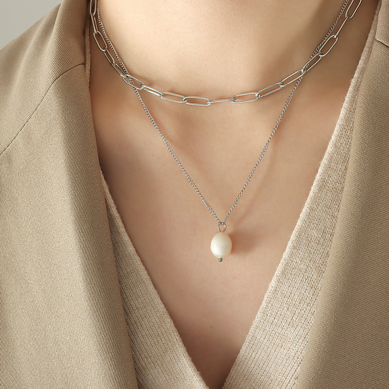Influencer Paperclip Stacked Necklaces With Pearl Pendant