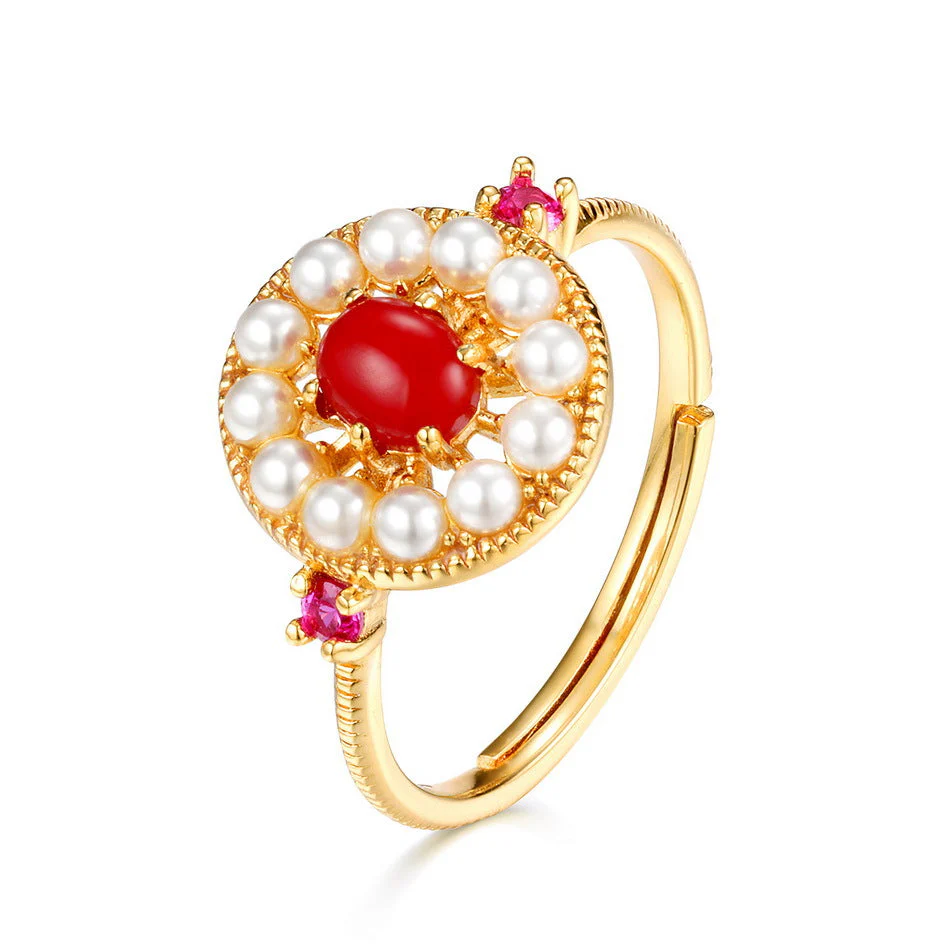 Red Coral and Pearl Ring