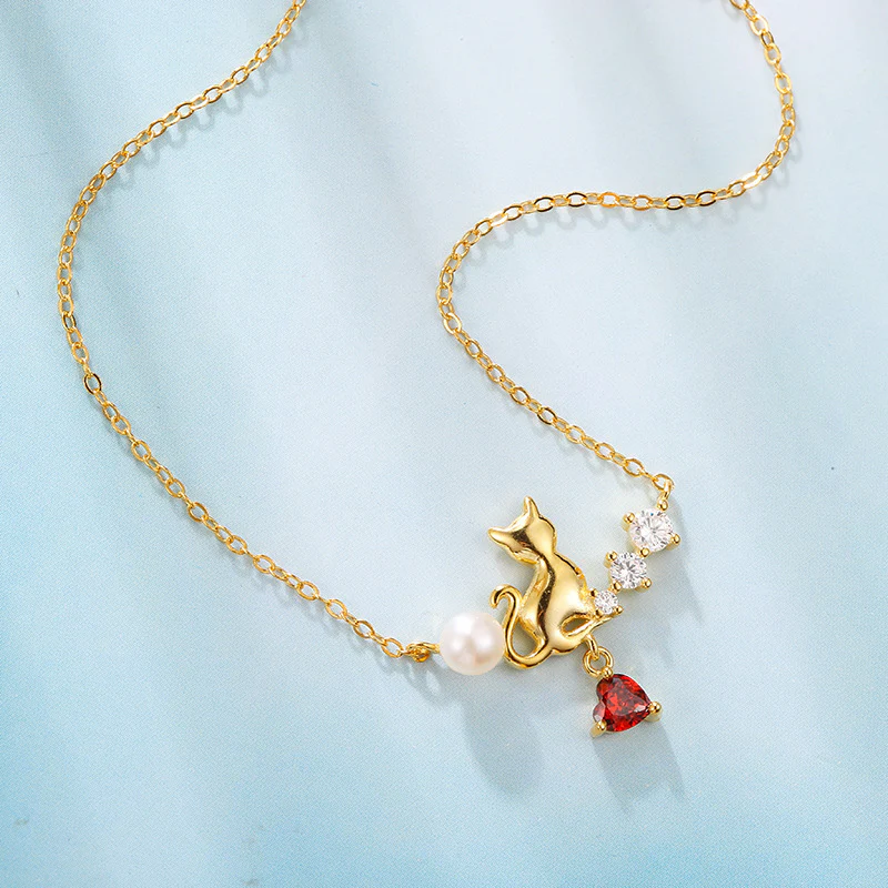 Heart Garnet and Cat Pendant Necklace