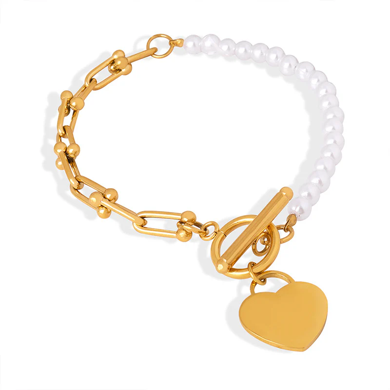 Half Chain Half Pearl Bracelet With Heart Charm