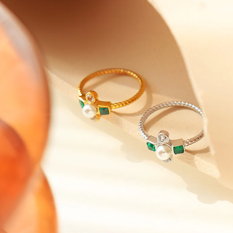 Emerald Zircon and Pearl Cross Ring