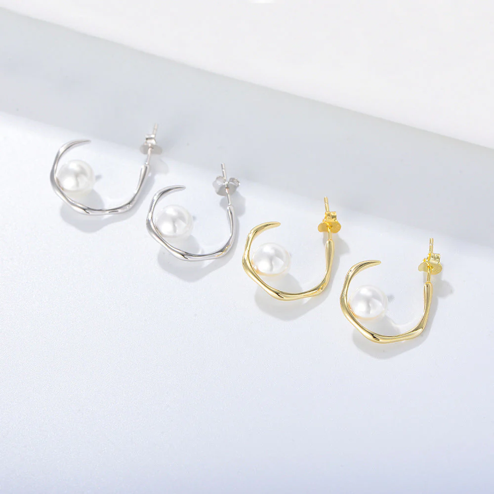 Geometric C Shape Pearl Earrings