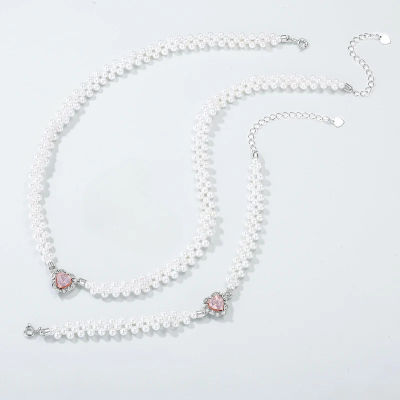 Princess Pink Crystal Love Heart Pendant Pearl Necklace