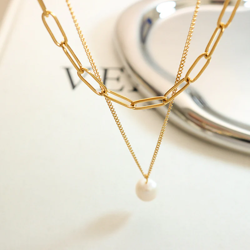 Influencer Paperclip Stacked Necklaces With Pearl Pendant