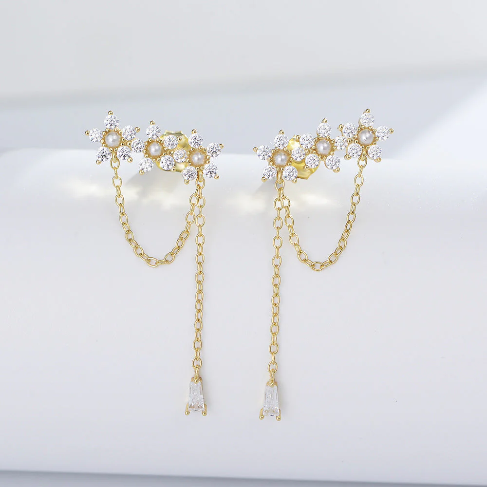 Pearl Earrings Flower Zircon Tassel