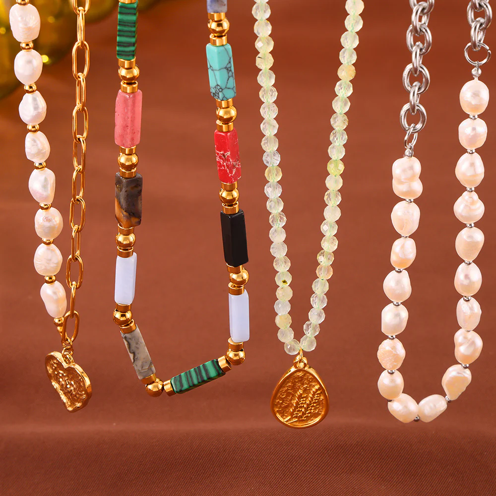 Colorful Jade Grape Stone Half Pearl Half Chain Necklace