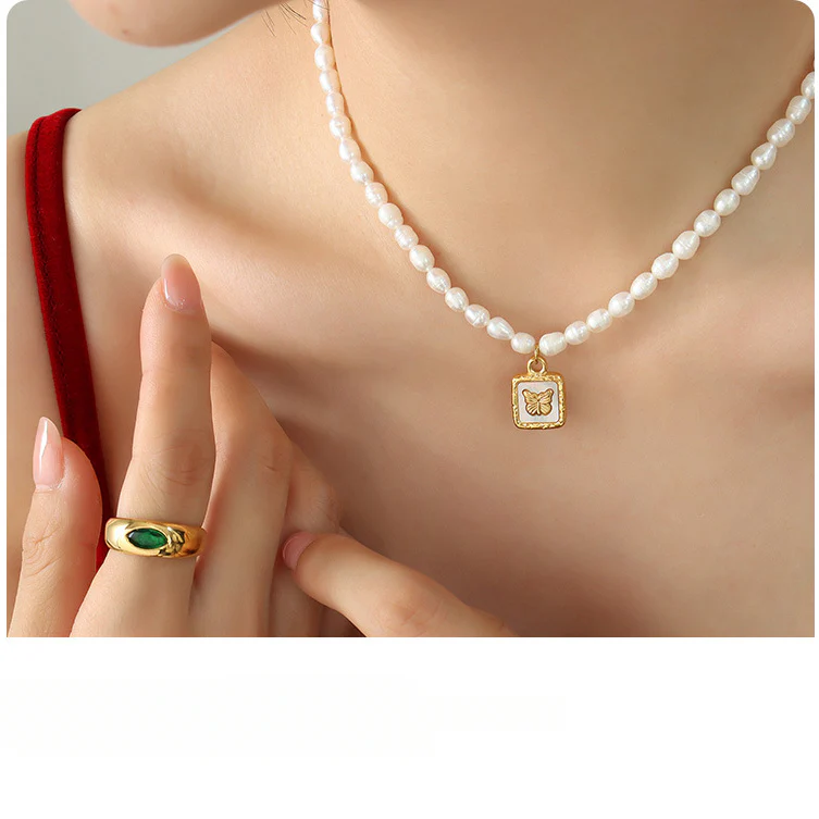 Embossed Butterfly Inlay Mother of Pearl Pendant Necklace