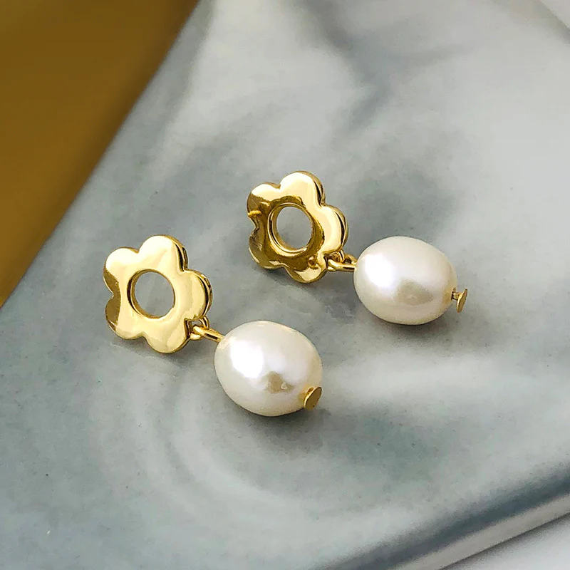 Pearl Dangle Floral Studs Earrings