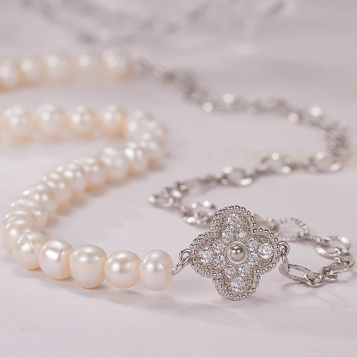 Half Pearl Half Chain Four Leaf Clover Pendant Necklace