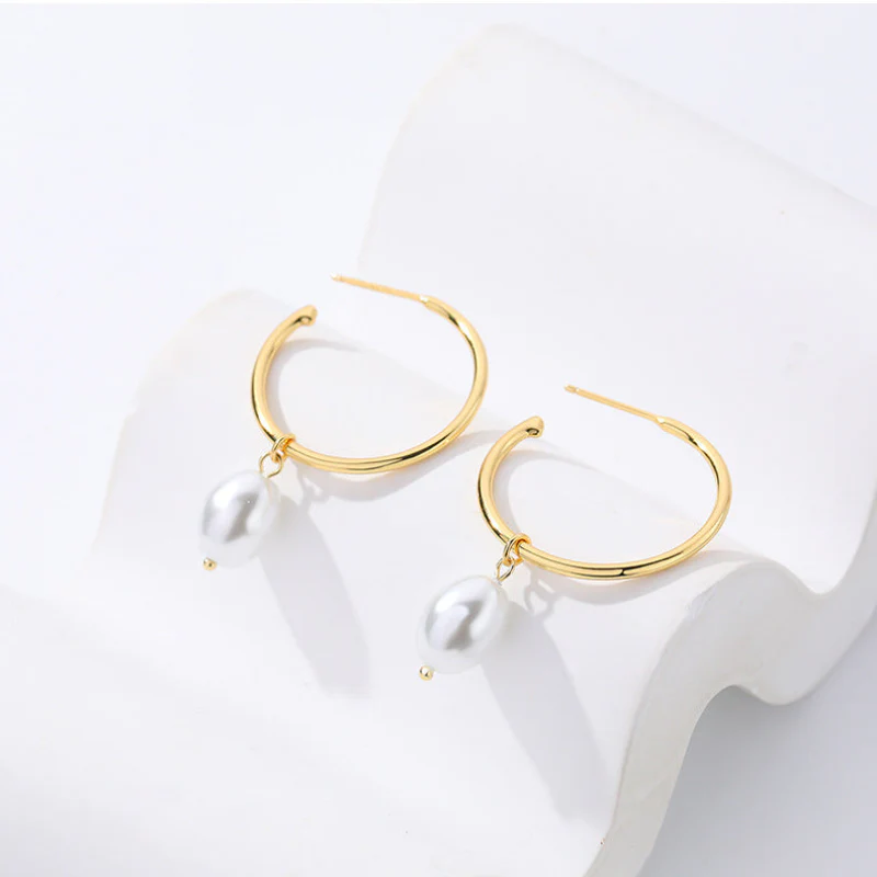 Gold Hoop Pearl Drop Earrings