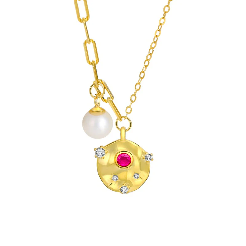 Pink Gem Round Pendant Pearl Charm Necklace