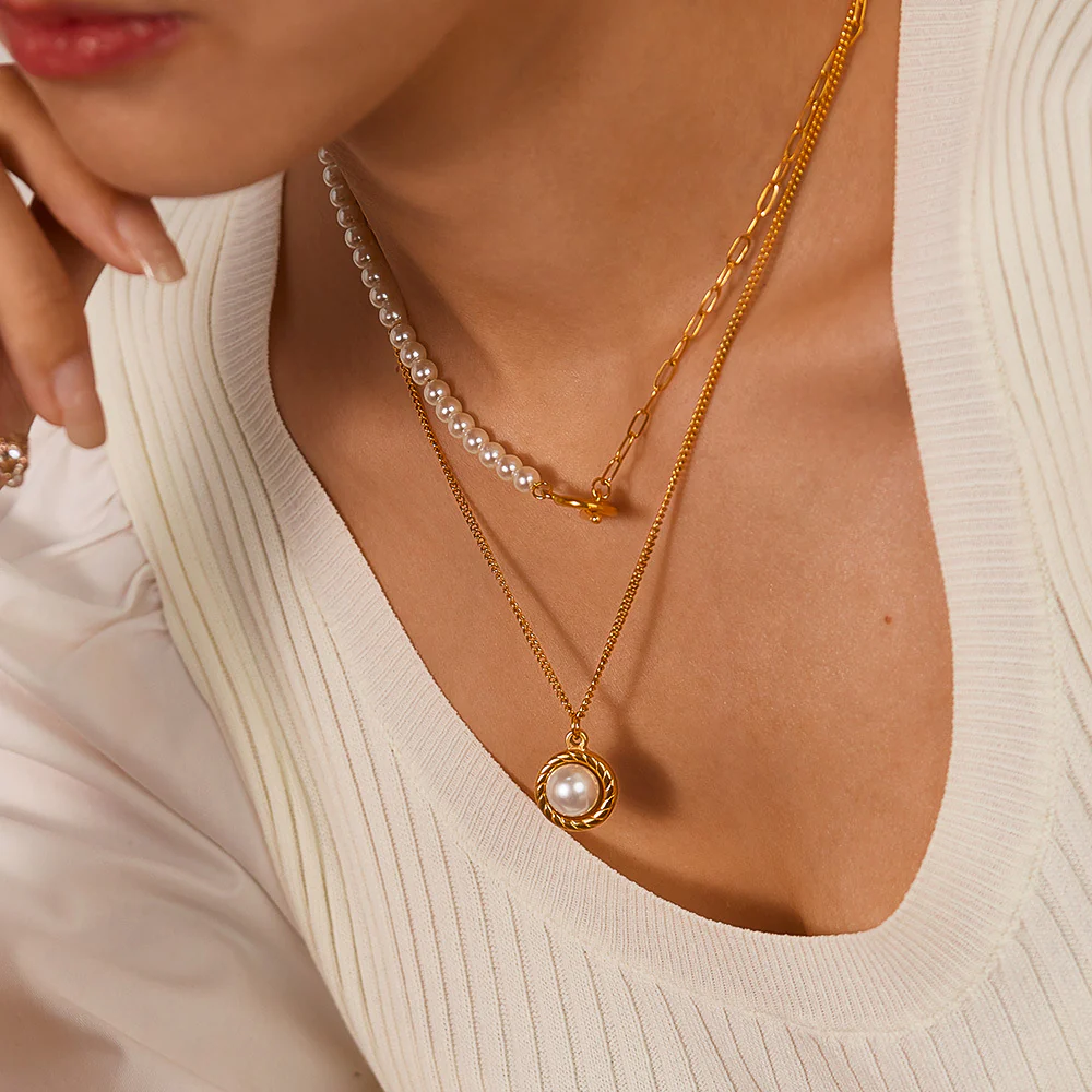 Pearl and OT Clasp Pendant Two Layers Stacked Necklace