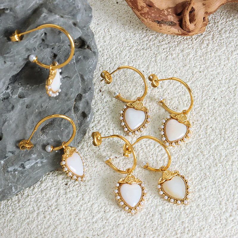 Rose and Pearls Adorned Heart Earrings