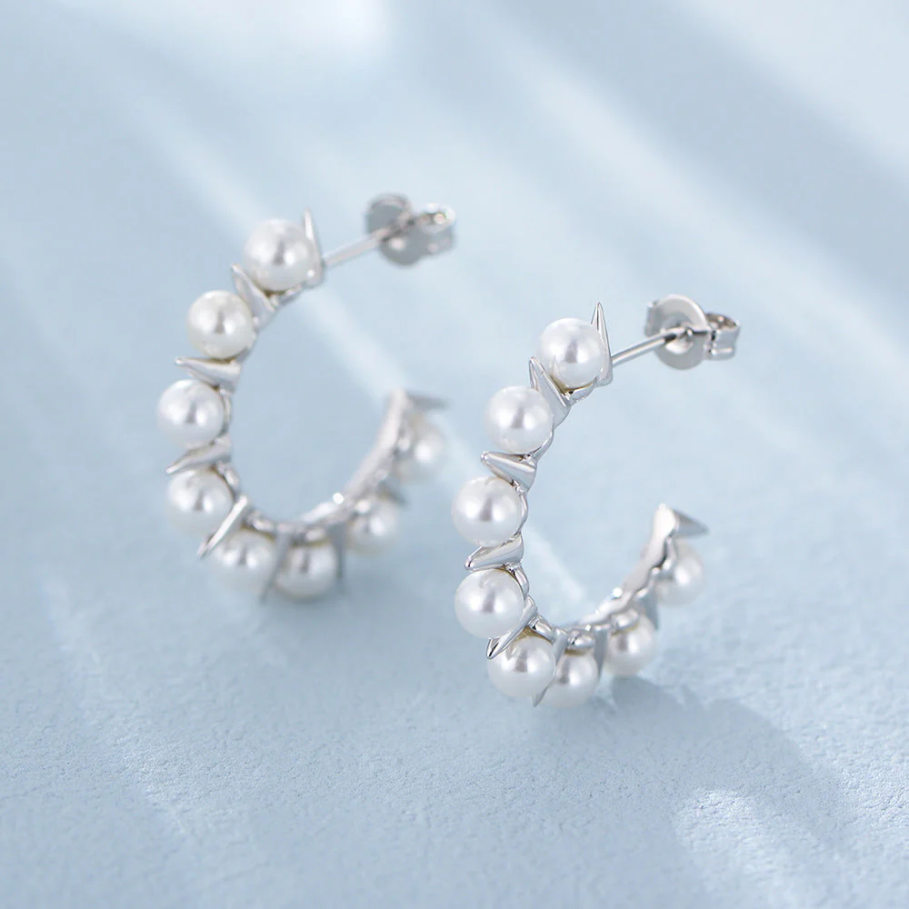 C Hoop Rivet Pearl Earrings