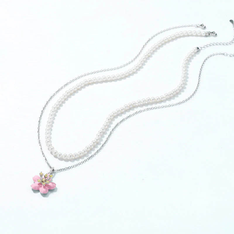 Two Layers Cherry Blossom Pendant  Pearl Necklace