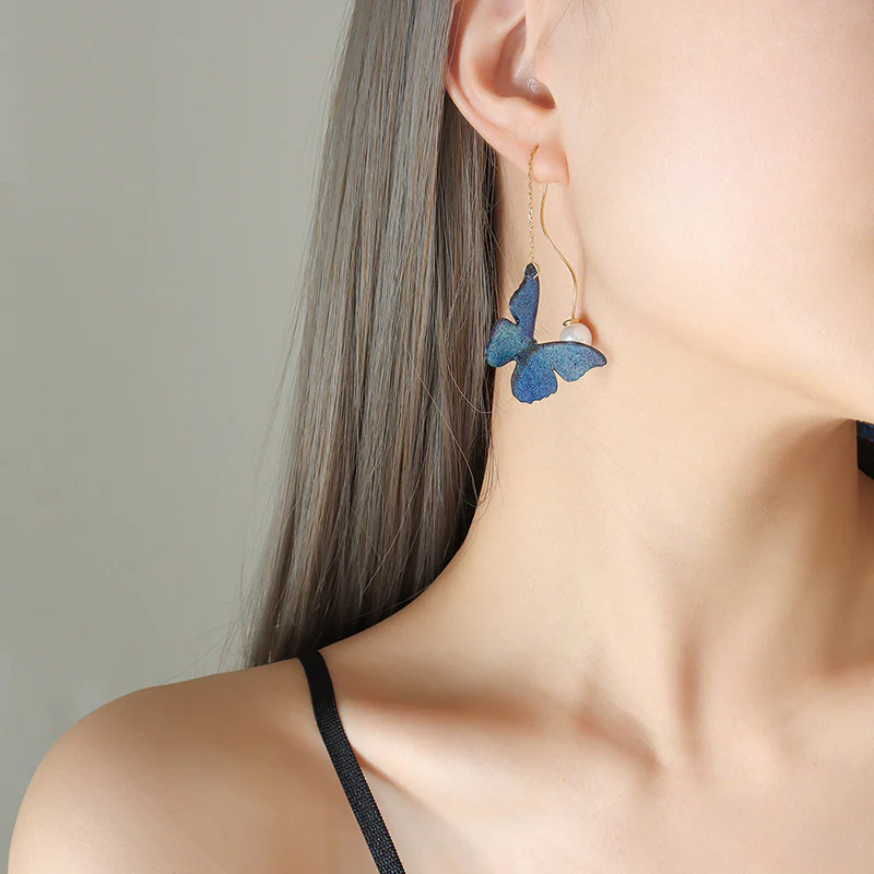 Pearl Drop Linear Blue Butterfly Earrings