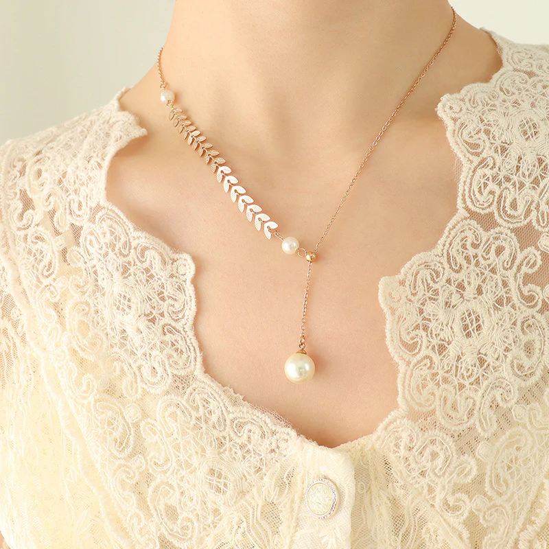 Adjustable Pull Chain Ears Of Wheat Pearl Drop  Y Necklace