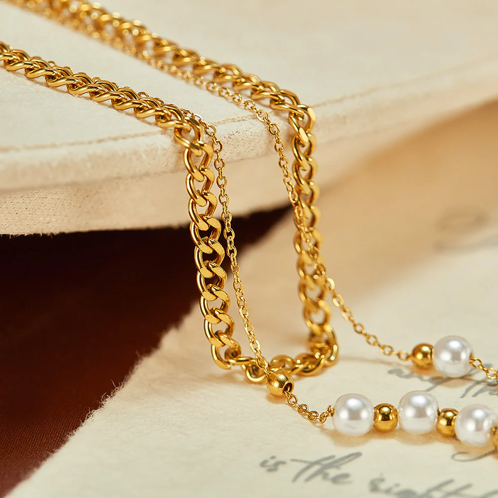 Two Layer Stacked Pearl Cross Pendant Necklace