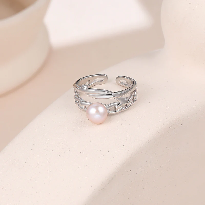 Silver Hollow Wide Band Pearl Ring