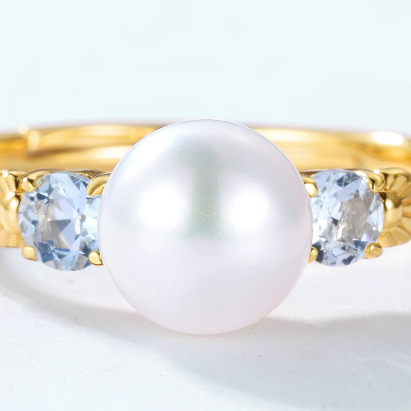 7mm Pearl and Blue Crystal Ring