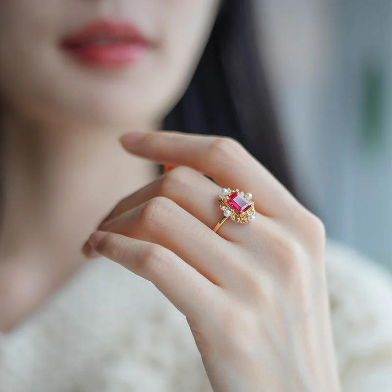 Retro Court Style Ruby and Pearl Ring