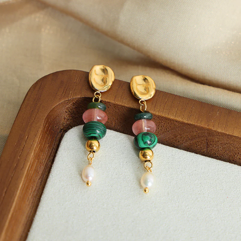 Colored Natural Stone Freshwater Pearl Drop Earrings