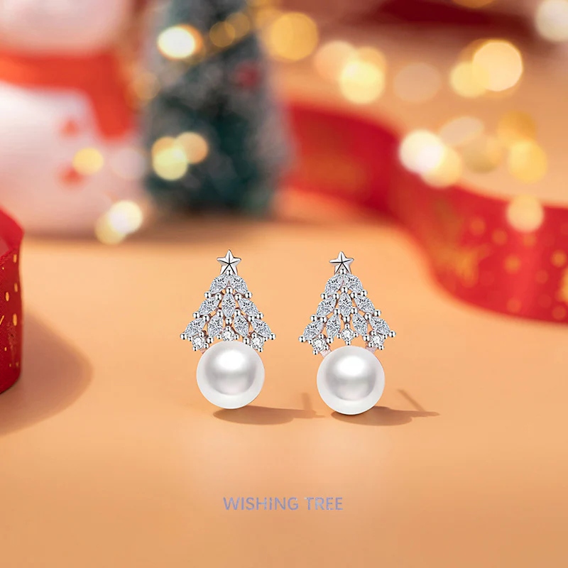 Wishing Christmas Tree Pearl Stud Earrings