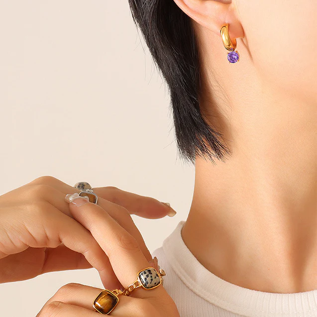 AB Asymmetrical Green Purple Zircon Pearl Earring