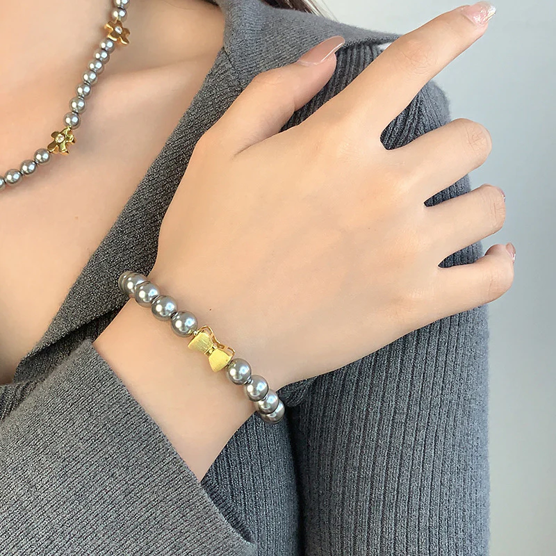 Pullable Bow Swarovski Grey Pearl Bracelet