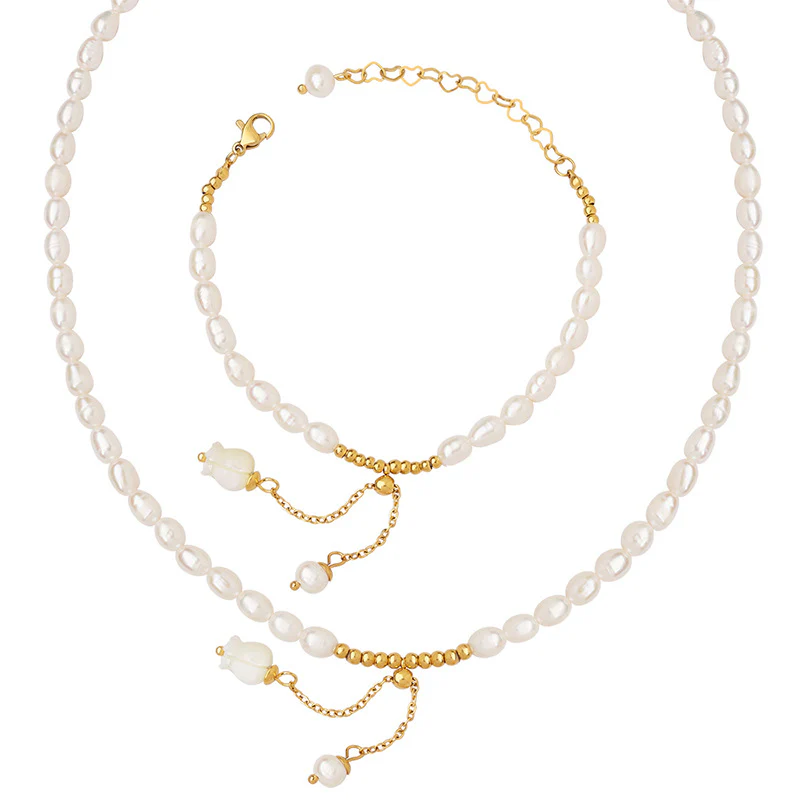 Bell Orchid Pearl Necklace and Bracelet Set