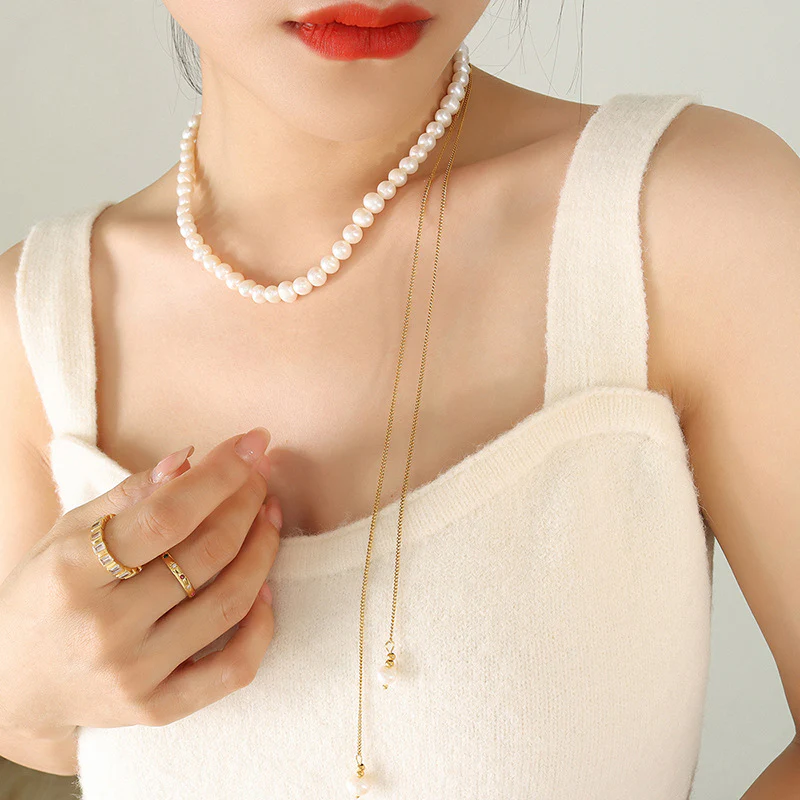 Multi Wear Ways Pullable Long Gold Sweater Chain Freshwater Pearl Necklace