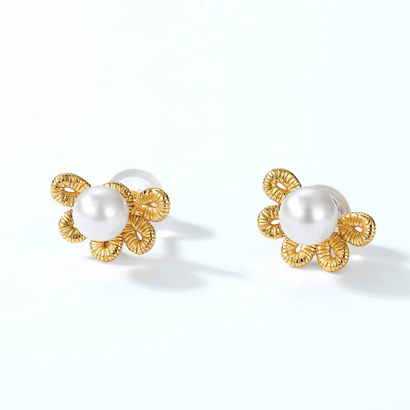 2 Wear Ways Hollow Flower Pearl Stud Earrings