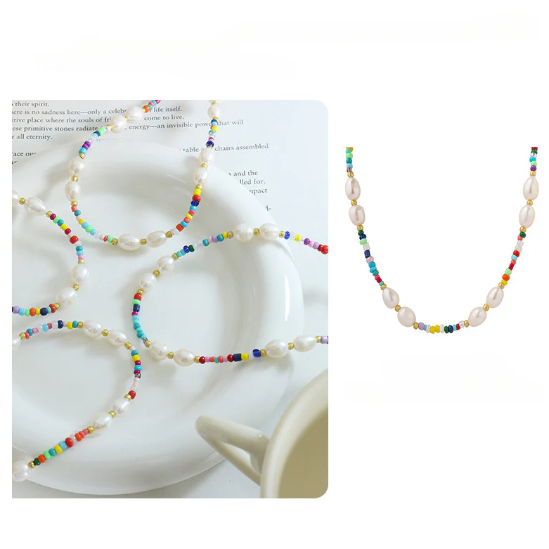 Freshwater Pearl and Rainbow Glass Beaded Necklace