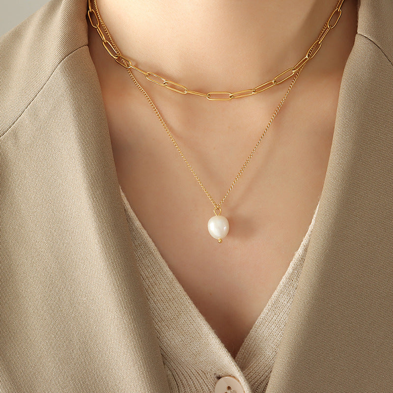 Influencer Paperclip Stacked Necklaces With Pearl Pendant