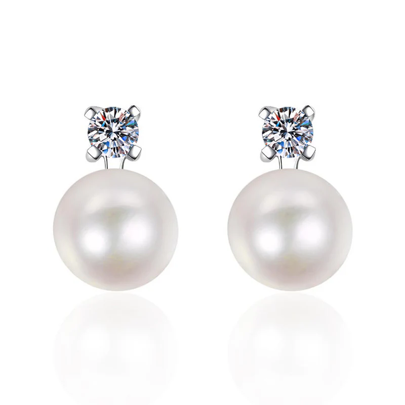 Classic Elegant Diamond Pearl Stud Earrings