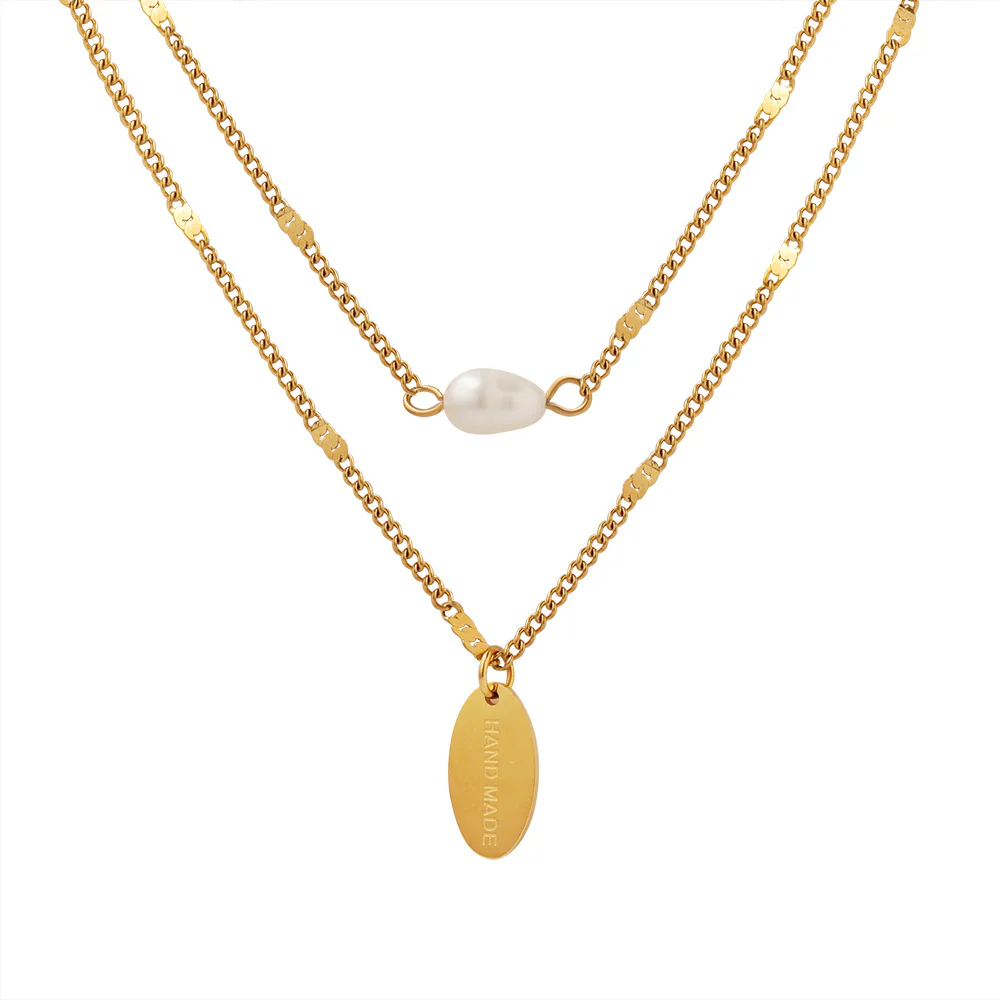 Oval Plate and Pearl Pendant Stacked Two Layered Necklace