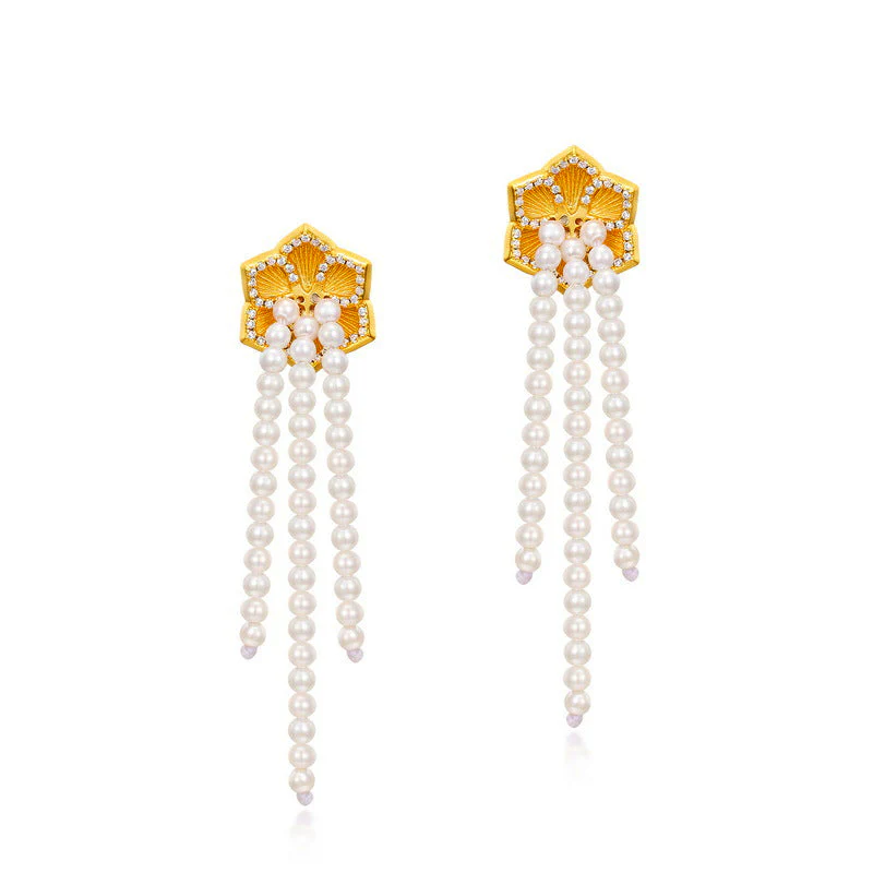 Flower Pearl Chain Drop Earrings